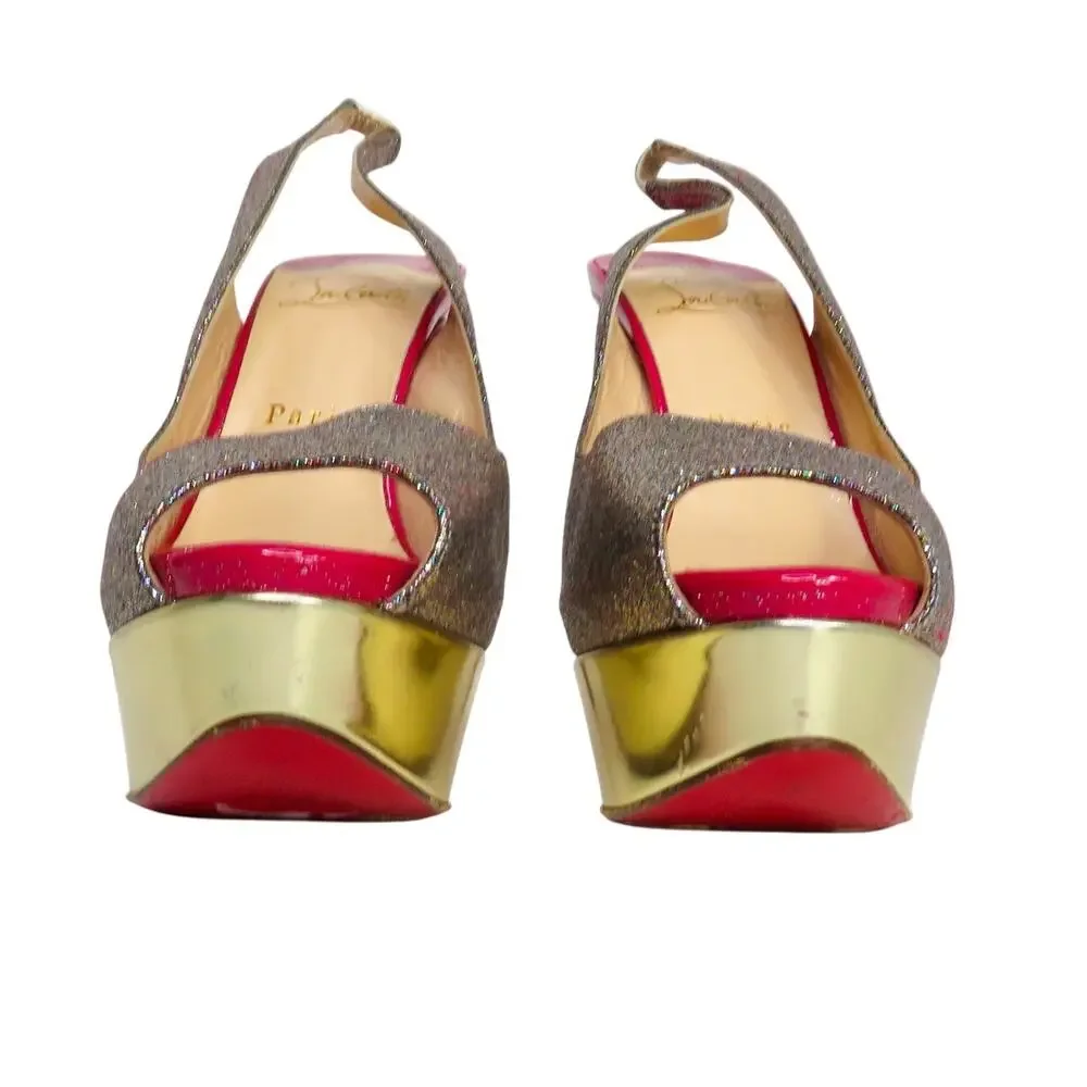 Christian Louboutin Lady Peep Slingback Glitter Pumps Platine Gold Pink Red 36.5
